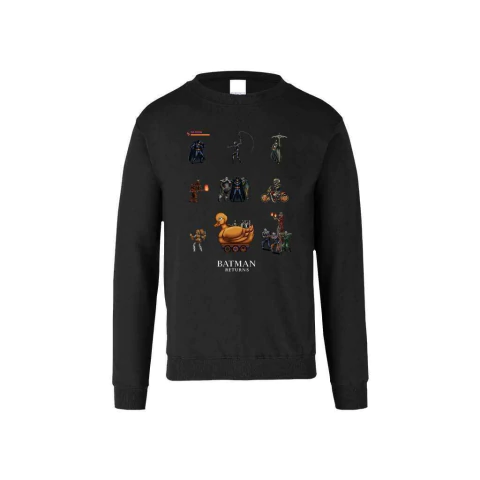 Sudadera negra estilo crewneck con diseño de personajes pixelados de Batman Returns y texto "Batman Returns"