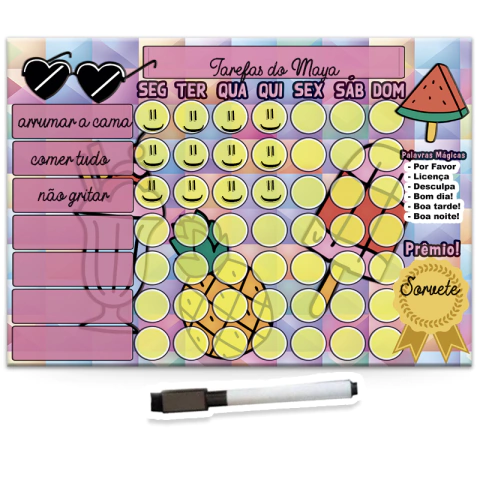 Quadro de Incentivo Infantil Óculos e Sorvete – Lousa Magnética com Caneta 30x21cm