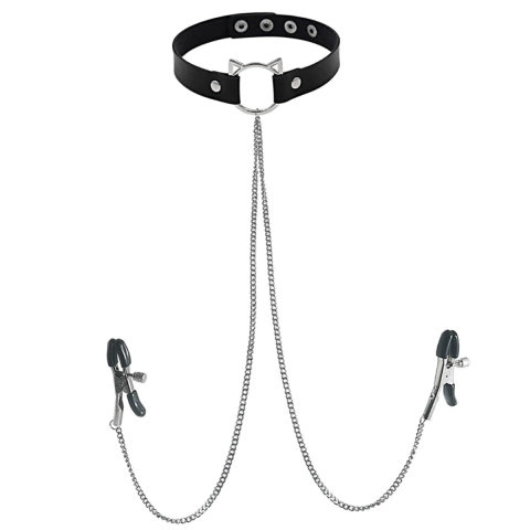 COLLAR FETISH CON PINZAS PARA SENOS - KITTY CAT - NIPPLE CLAMPS FANTASY - ACCESORIO ERÓTICO - comprar online