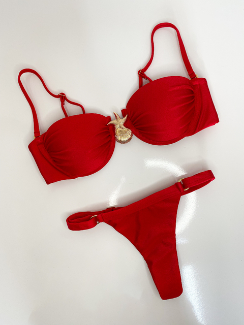 Biquíni Aro Franzido Sereia Fio Dental Regulagem Vermelho - comprar online