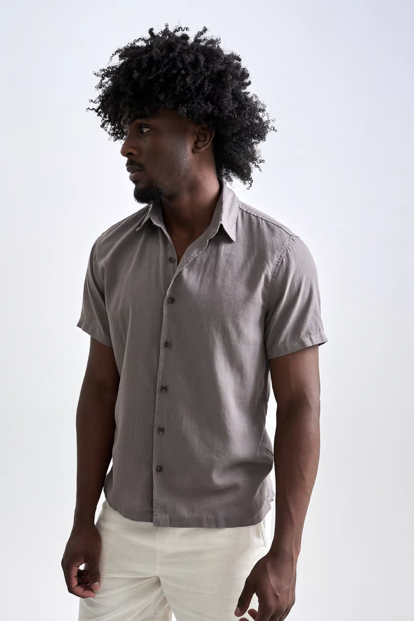 Camisa De Linho Austral Dominica Manga Curta Cinza Claro