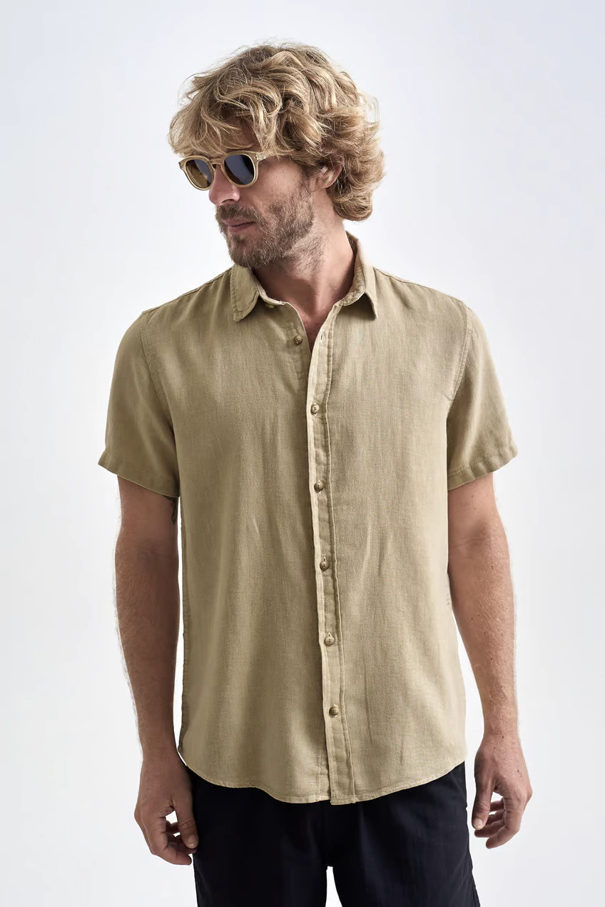 Camisa Austral De Linho Aruba Manga Curta Bege