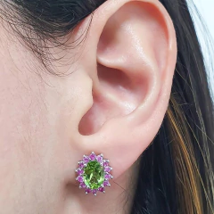Brinco Prata 925 Oval Peridoto com Safiras Rosas - Boreale Joias