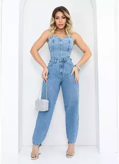 Imagem do Calça Mom Jeans Luxo Marmorizada Brilho Strass