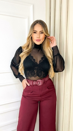 Body Feminino Tule Detalhe Punho Gola Alta Lançamento