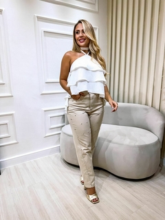 Calça Mom Jeans Luxo Marmorizada Brilho Strass