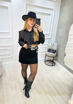 Camisa Cropped Social Feminina Strass Brilho Luxo