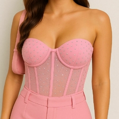 Cropped Feminino Corselet Brilho Bojo Strass Espartilho - loja online