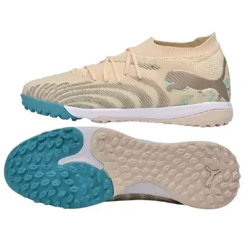 Guayos Puma Future 9 Ultimate para Hombre color beige con suela para cancha sintética, vista lateral y suela.