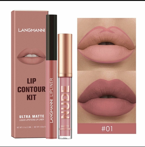 KIT - 2 PEÇAS BATOM LIQUIDO MATTE EFEITO GLOSS E LÁPIS LABIAL RETRÁTIL - LANGMANNI - IMPORTADO