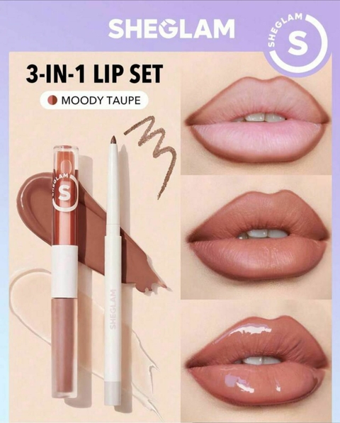 KIT LABIOS GLAM - LIP DUO , BATOM GLOSS E LAPIS LABIAL - TONS NUDE TERROSOS -SHEIN SHEGLAM