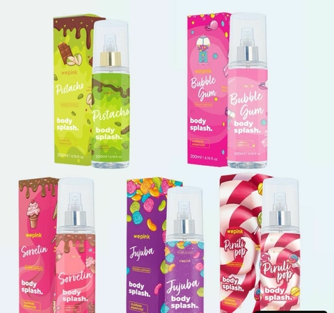 KIT COM 5 BODY SPLASH DOCINHOS WEPINK - PISTACHO, BUBBLE GUM, PIRULIPOP, JUJUBA E SORVETIN - LACRADO