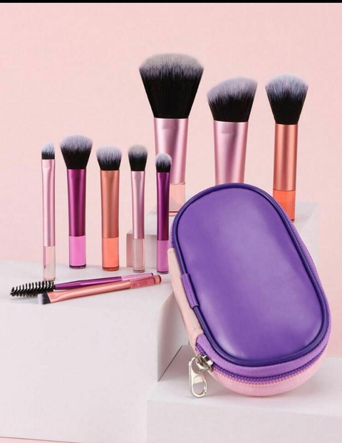 KIT COM 10 MINIS PINCEIS PARA MAQUAIGEM COM NECESSARIE ROSA E ROXO , PARA VIAGEM E NECESSARIE - 10 MINI PINCEL - SHEIN SHEGLAM