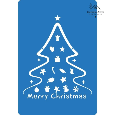 Stencil com desenho de árvore de Natal decorada com símbolos natalinos e texto Merry Christmas