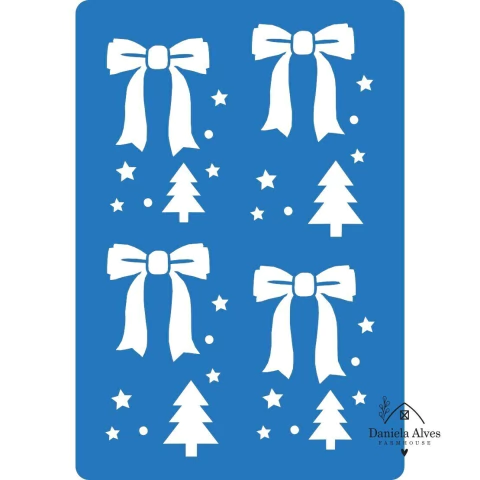 Stencil com elementos natalinos, incluindo laços, árvores de Natal, estrelas e bolinhas decorativas