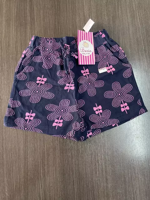 Shorts com bolso algodão marinho com flores rosa 040