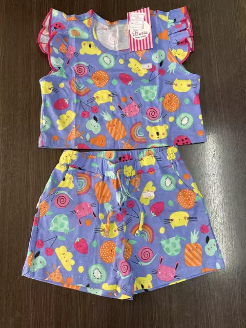 Conjunto algodão cropped + shorts com bolso azul frutas 115