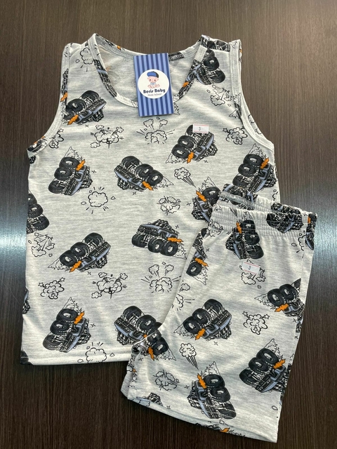 Pijama regata malha carrinho cinza BCJ1102