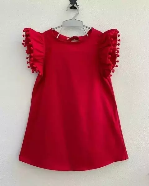 Vestido Manu vermelho com pompom algodão tricoline B342