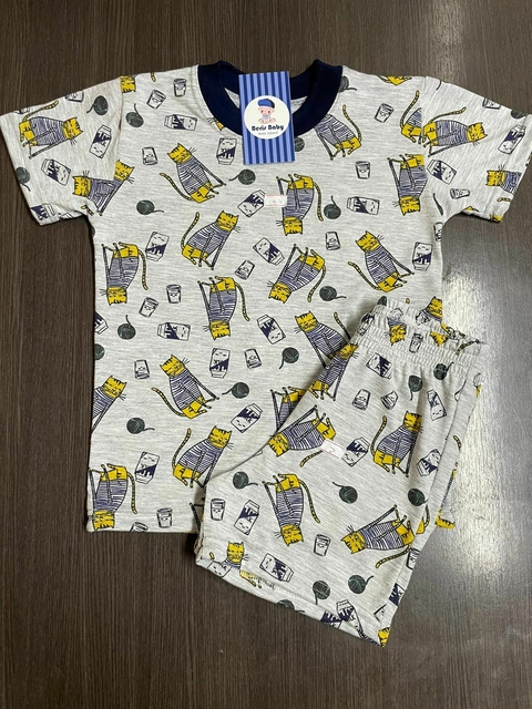 Pijama malha gato cinza leite verão 1311