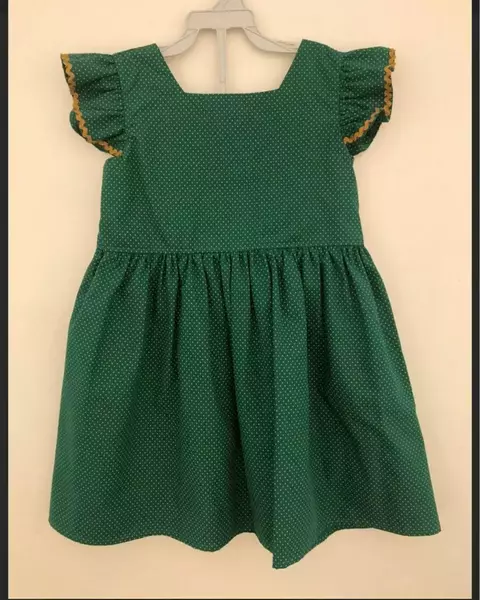 Vestido tricoline algodão verde poa com dourado 3760