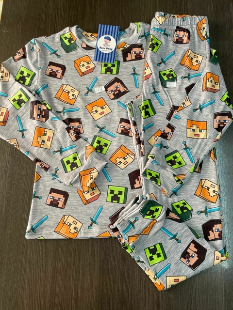 Pijama suede longo Minecraft cinza 1557