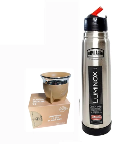 Set Termo Lumilagro Acero Inoxidable + Mate Pampa Marron