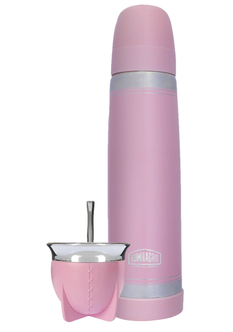 Set Termo Lumilagro Acero Inoxidable Rosa + Mate Pampa Rosa