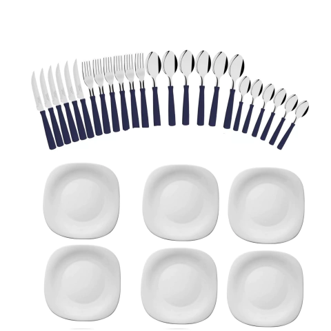 Kit 12 Cuchillos Y 12 Tenedor Tramontina New Kolor Azules + 6 Platos Cuadrado