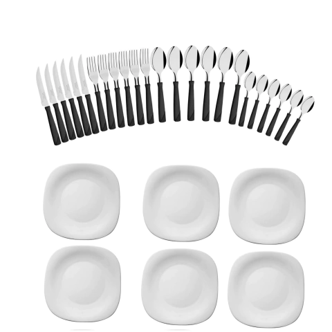 Kit 24 Cubiertos Tramontina New Kolor Negros + 6 Platos Cuadrados
