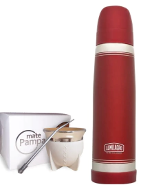 Set Termo Lumilagro Acero Inoxidable Bordo + Mate Pampa Blanco