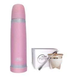 Set Termo Lumilagro Acero Inoxidable Rosa + Mate Pampa Blanco