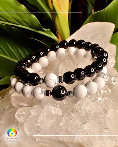 kit Par Pulseiras Complementares Yin Yang - Pedras Ônix, Howlita e Hematita