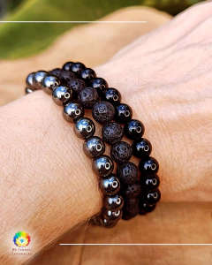 Conjunto 3 Pulseiras Pedras Naturais: Ônix, Pedra Vulcânica e Hematita