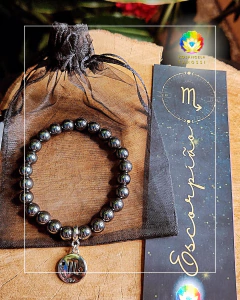 Pulseira Signo de Escorpião Pedra Hematita - Brinde Marca Páginas