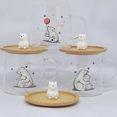 Caneca Xícara Vidro Duplo com Pires Tampa Bambu 250 ml - Geleia Presentes Criativos, Diferentes, Legais e Originais
