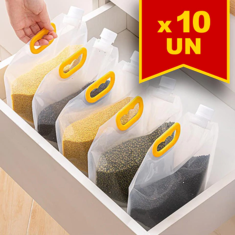 Kit 10 Sacos para Armazenar Alimentos com tampa dispenser