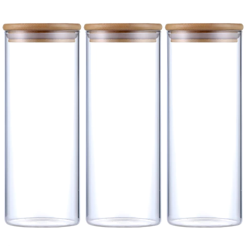 Kit 3 Potes Herméticos Vidro Tampa Bambu 25 x 10 cm 1800ml
