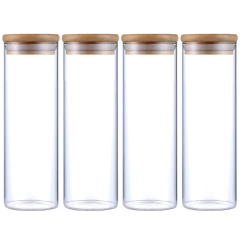 Kit 4 Potes Herméticos Vidro Tampa Bambu 20 x 6,5 cm 600ml