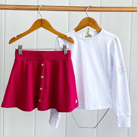 Conjunto detalhe floral - Branco e Rosa