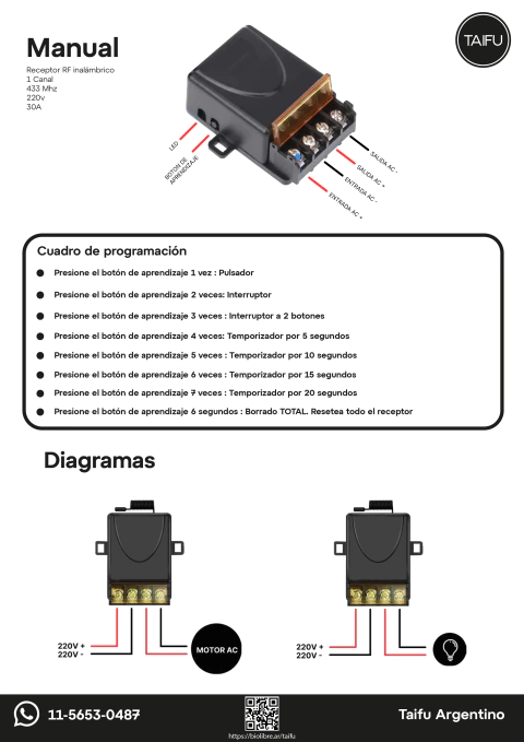 Manual de instrucciones 1ch 220V 30A 433Mhz