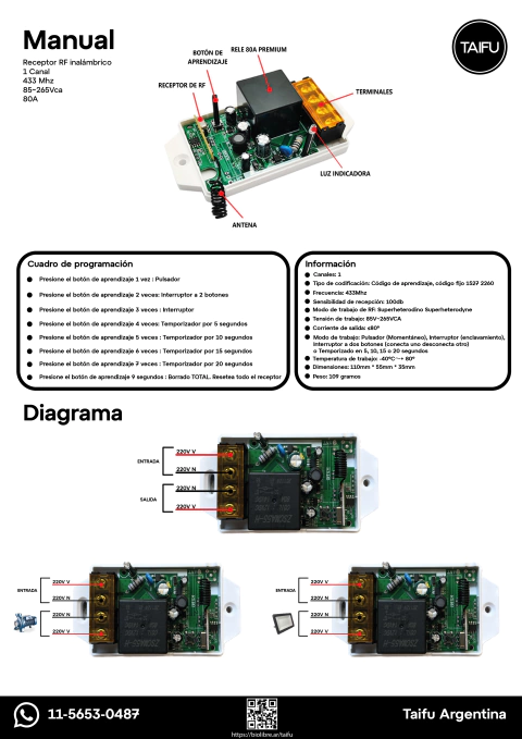 Manual de instrucciones 1ch 220V 80A 433Mhz