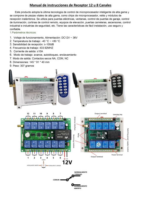 Manual de instrucciones Receptor de 8 ch - 12 ch Canales - 12 a 36v 10A RF 433 MHz - comprar online