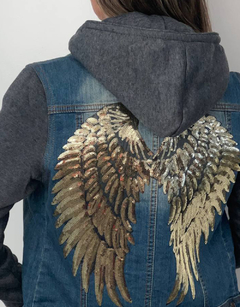 Campera jean Azul Manga Buzo Oscuro Alas Doradas