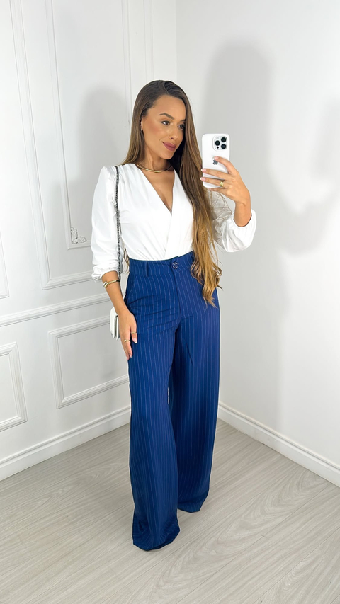 Calça Alfaiataria Pantalona Risca de Giz Bianca - Azul Marinho - comprar online