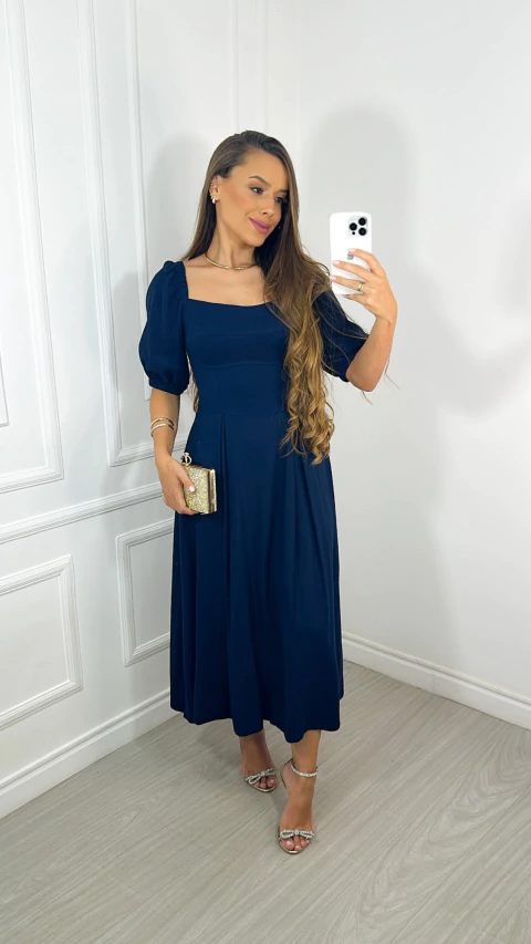 Vestido Midi Debora - Linho Azul Marinho - comprar online