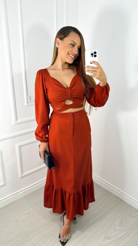 Conjunto Linho Cropped+Saia Midi Luma - Terra