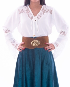 Camisa de Prenda com Renda na Gola e Manga Creme - Essence Prendas - loja online
