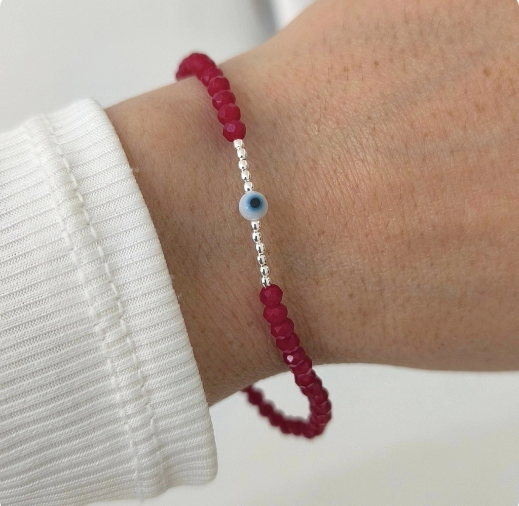 Pulsera red cristales rojos/Ojo protector bolitas de Plata925