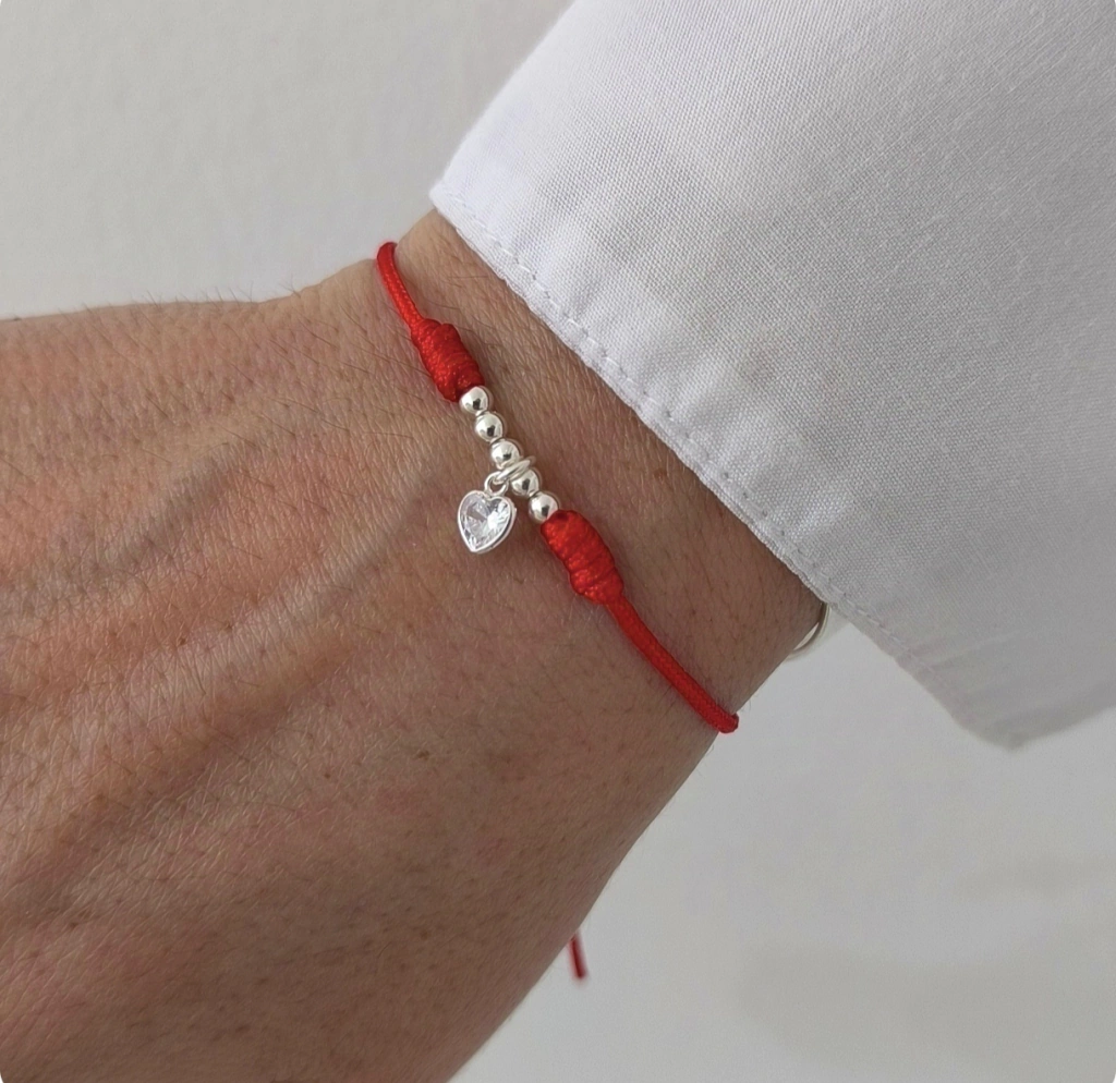 Pulsera red/Ajustable bolitas y corazón cubic cristal/Plata925